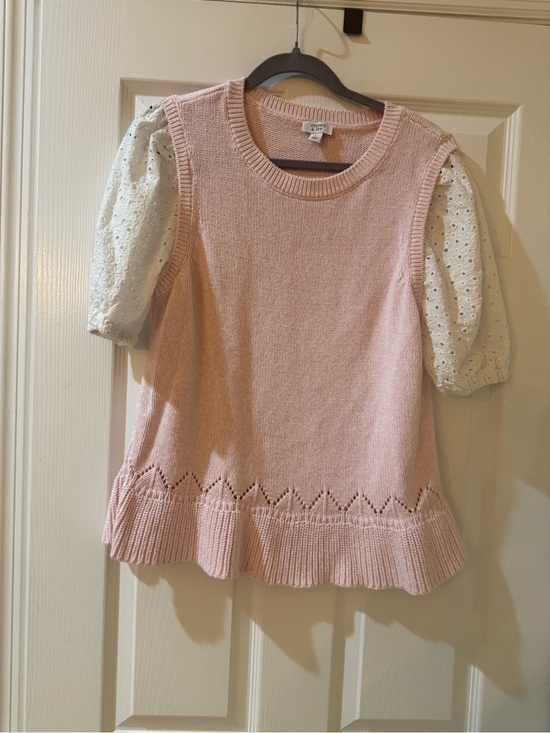 crown & ivy Sweaters - crown & ivy women’s Pink Knit Sweater with Eyelet Puff Sleeves